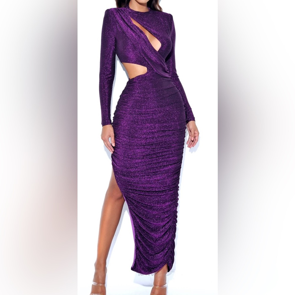 Payson Purple Long Sleeve Metallic Jersey Cutout Dress